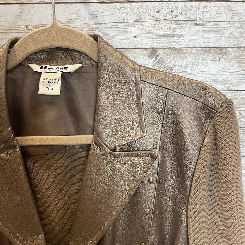 Vintage Peter Nygard Womens L Jacket Bronze Studded Leather & Knit‎ Back Sleeves